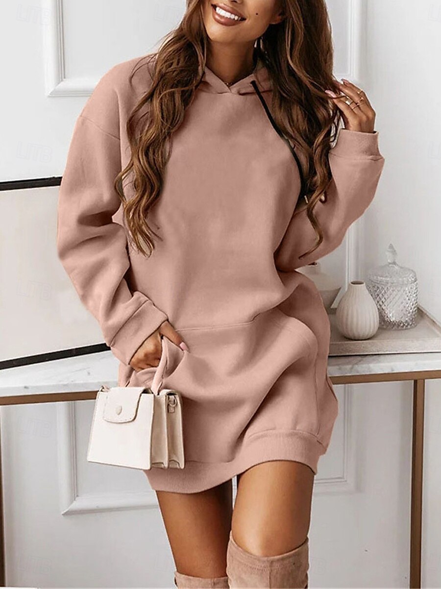Women's Hoodie Dress Mini Dress Pocket Casual Hooded Long Sleeve Black Pink Red Color 2025 - $27.99 –P7