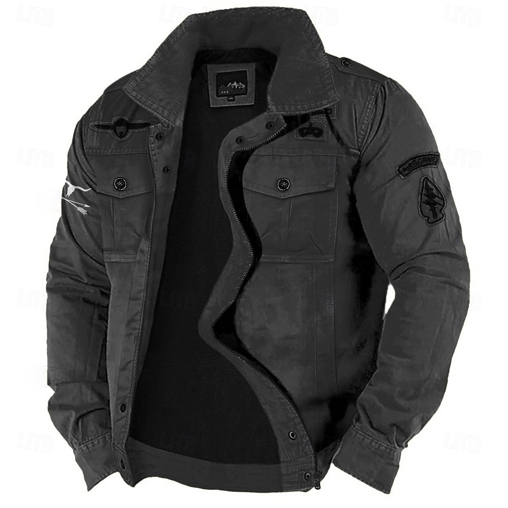 Chaqueta militar bordada de algodón para hombre, chaqueta cargo con tirantes, manga larga, cuello alto, multibolsillos, chaqueta de camionero, ropa exterior táctica con estampado de vaca occidental 2025 - $53.99 –P1