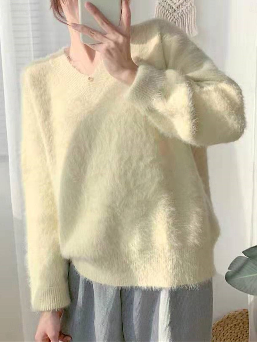 női pulóver pulóver pulóver fuzzy jumper v nyak bordázott kötött kötött ősz tél szabadtéri mindennapi hétvége alkalmi puha hosszú ujjú tiszta szín sárga kék 2025 - $29.99 –P4