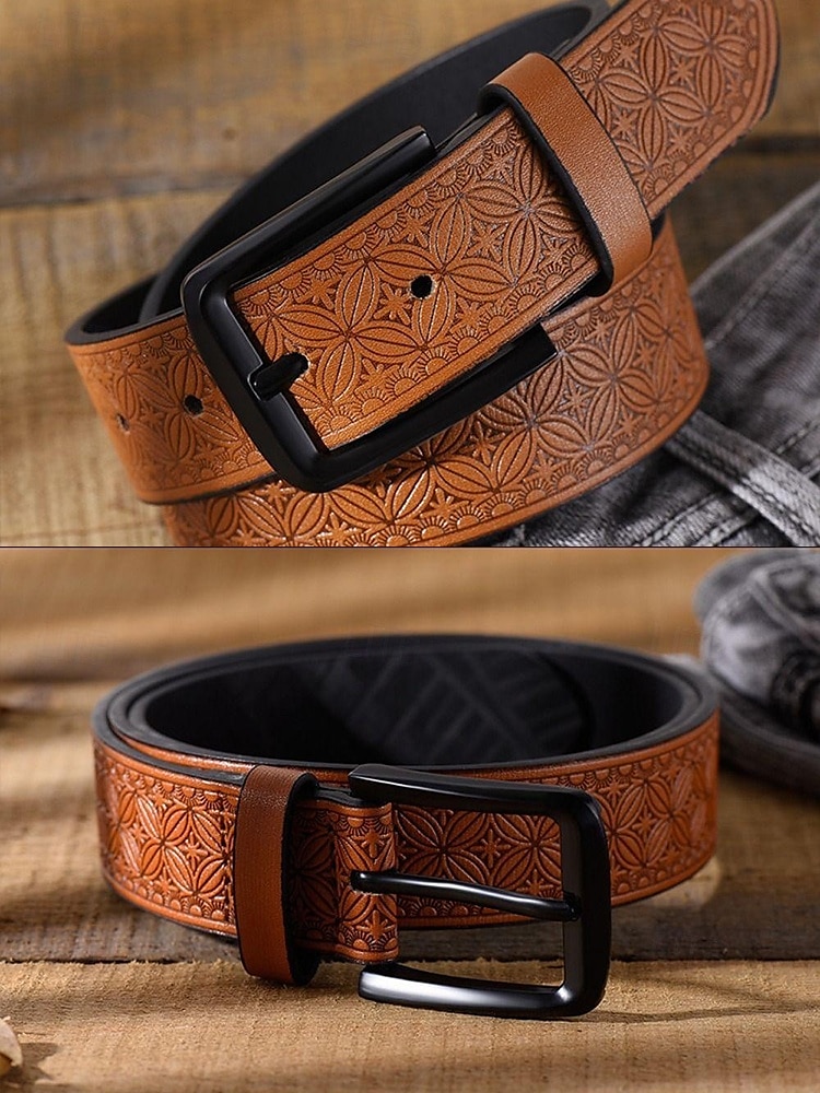 Men's Vintage Embossed Faux Leather Belt with Geometric Pattern – Classic Western Style Fashion Accessory 2025 - $14.99 –P3