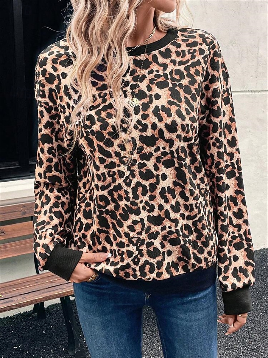 dámská mikina leopard street denní nošení potisk ležérní posádka výstřih dlouhý rukáv mikroelastický podzimní zimní komfrt prodyšná měkká tkanina 2025 - $24.99 –P5