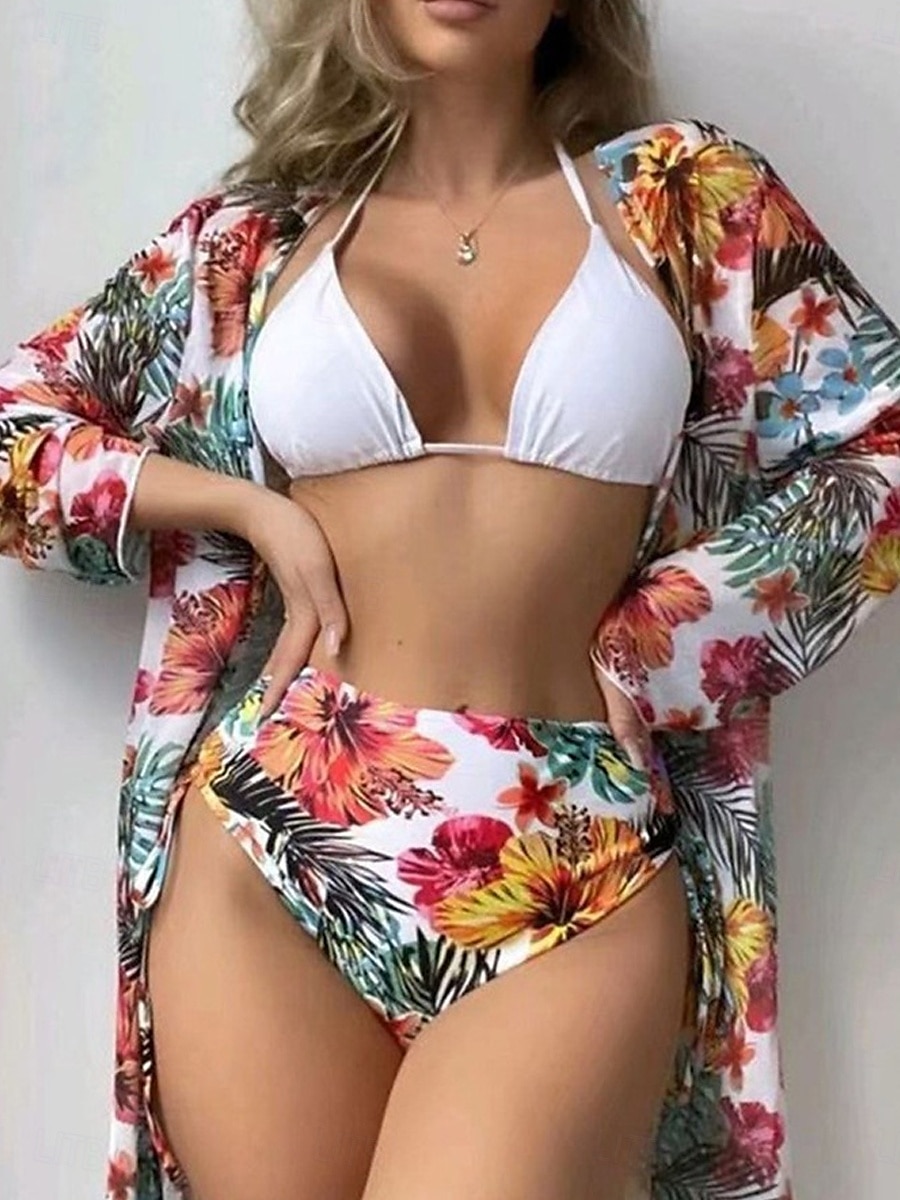Dam Badkläder Bikini Tre delar Kalsonger Baddräkt Öppen rygg Hög midja Smal Semester Standkläder Blommig Halterneck Långärmad Baddräkter 2025 - $28.99 –P2
