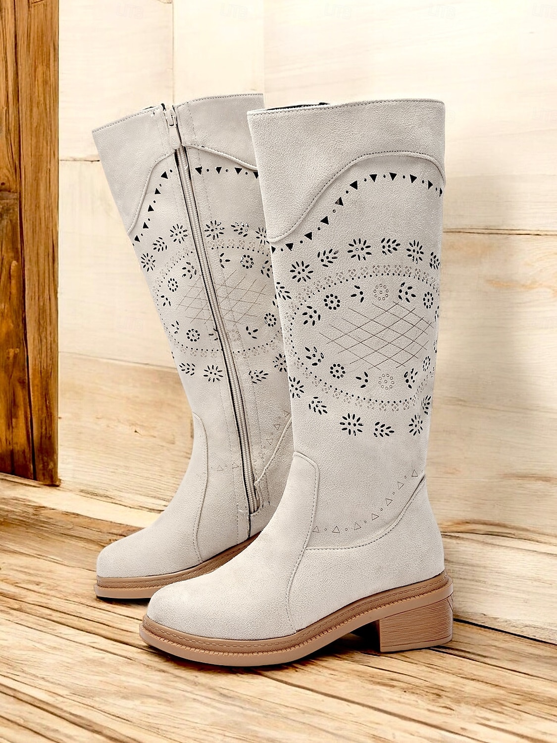 Women's Grey Embroidered Western Cowboy Boots with Laser Cut Detailing – Vintage Style Mid-Calf Riding Boots for Casual and Outdoor Wear 2025 - $64.99 –P2
