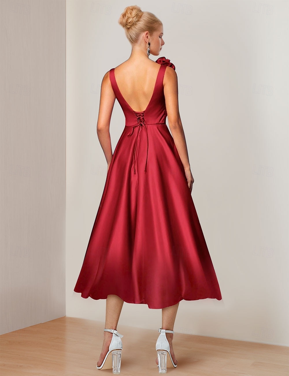Abiti da cocktail A-Line Abito elegante Cerimonia Lunghezza tè Maniche lunghe Collo a gioiello Satin con fiore sulla spalla Abiti del 2025 a $167.99 –P2