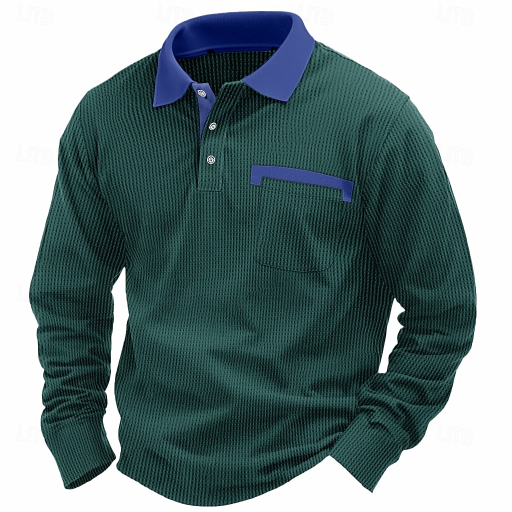Homme Polos gaufrés Polos Formel Entreprise Revers Classique manche longue Mode basique Couleur unie Patchwork Boutons Printemps & Automne Standard Noir Blanche Rouge Bordeaux bleu marine Bleu Roi de 2025 ? $20.99 –P9