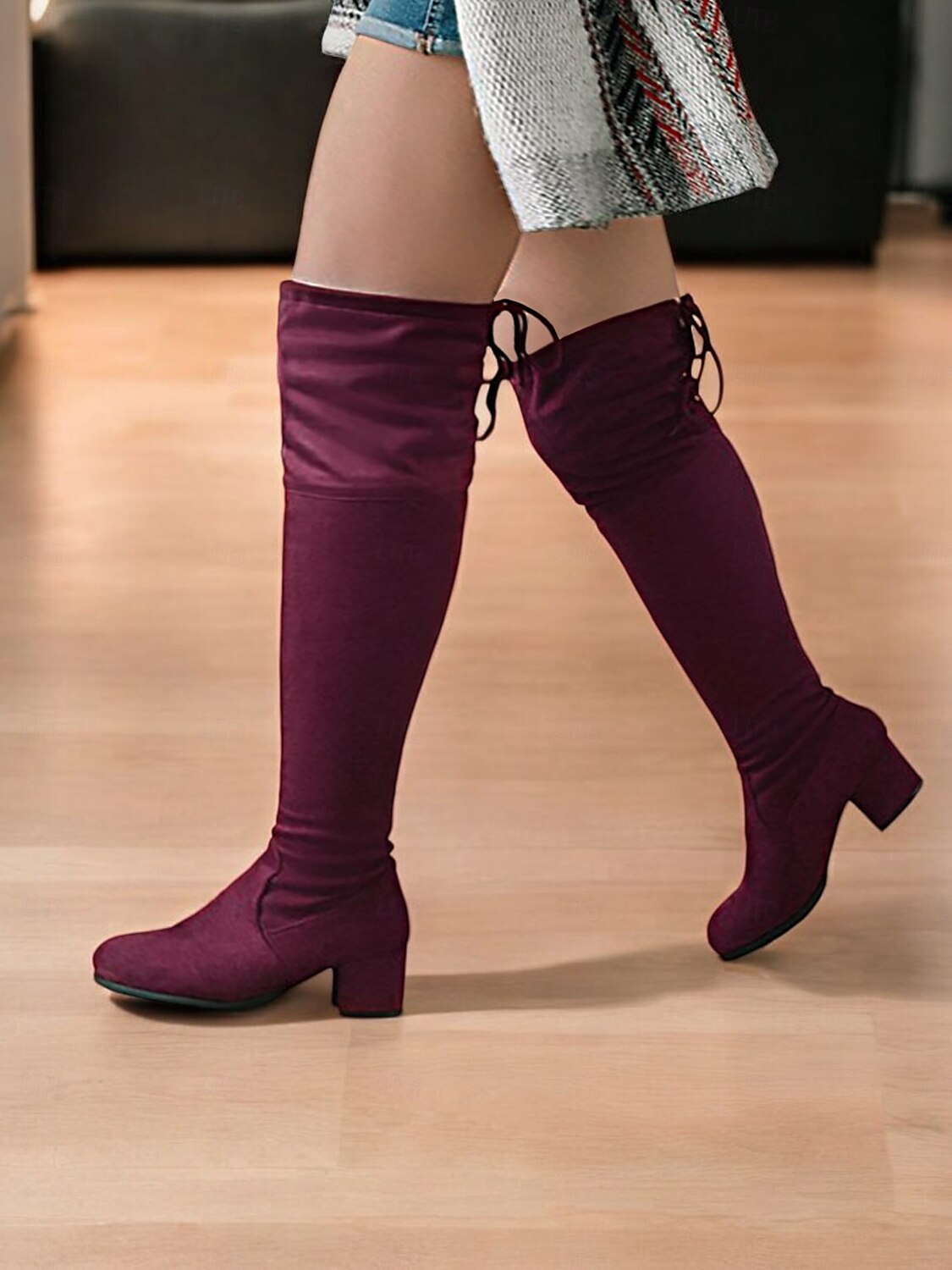 Burgunderfarbene Overknee-Stiefel für Damen mit Blockabsatz und Schnürdetail – stylische hohe Stiefel für Herbst- und Winter-Outfits 2025 - $59.99 –P1