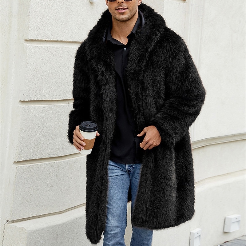 Herr Vinterjacka Fleece-jacka Fuskpälskappa Dagligen Semester Håller värmen Håller värmen Fleece Höst vinter Leopardtryck Mode Streetwear Huva Lång Svart Vit Gul Jacka 2026 - $68.99 –P6