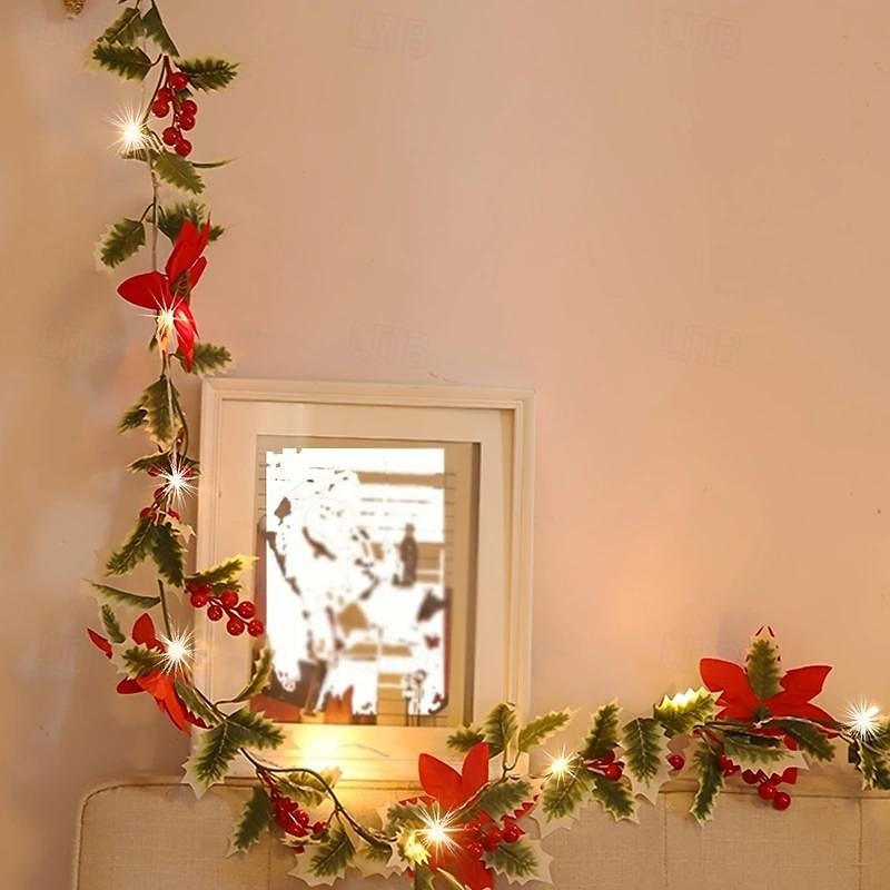 2025年 2m20LEDs 新しいクリスマスフラワーつる真紅のライトストリング 電池ボックス駆動 クリスマス 屋内パーティー お祝いの雰囲気 装飾ライト  コレクション – $15.99 –P3