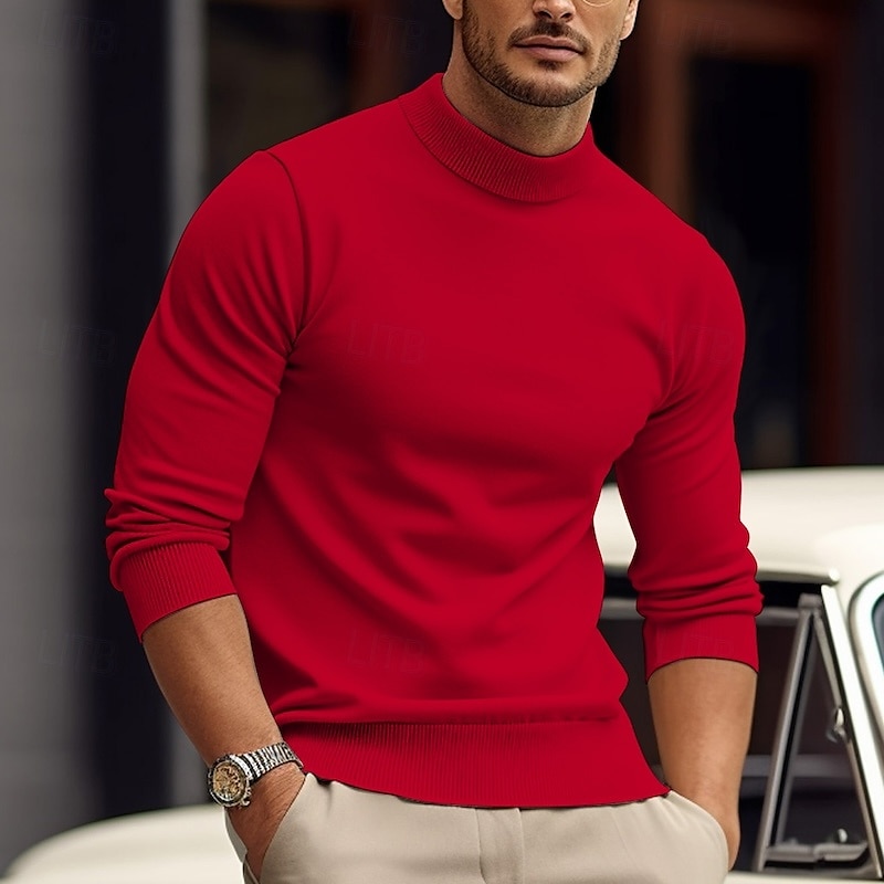 Men's Pullover Sweater Jumper Knit Sweater Ribbed Knit Knitted Plain Mock Neck Basic Keep Warm Daily Wear Vacation Clothing Apparel Fall & Winter Black White S M L 2025 - $28.99 –P15