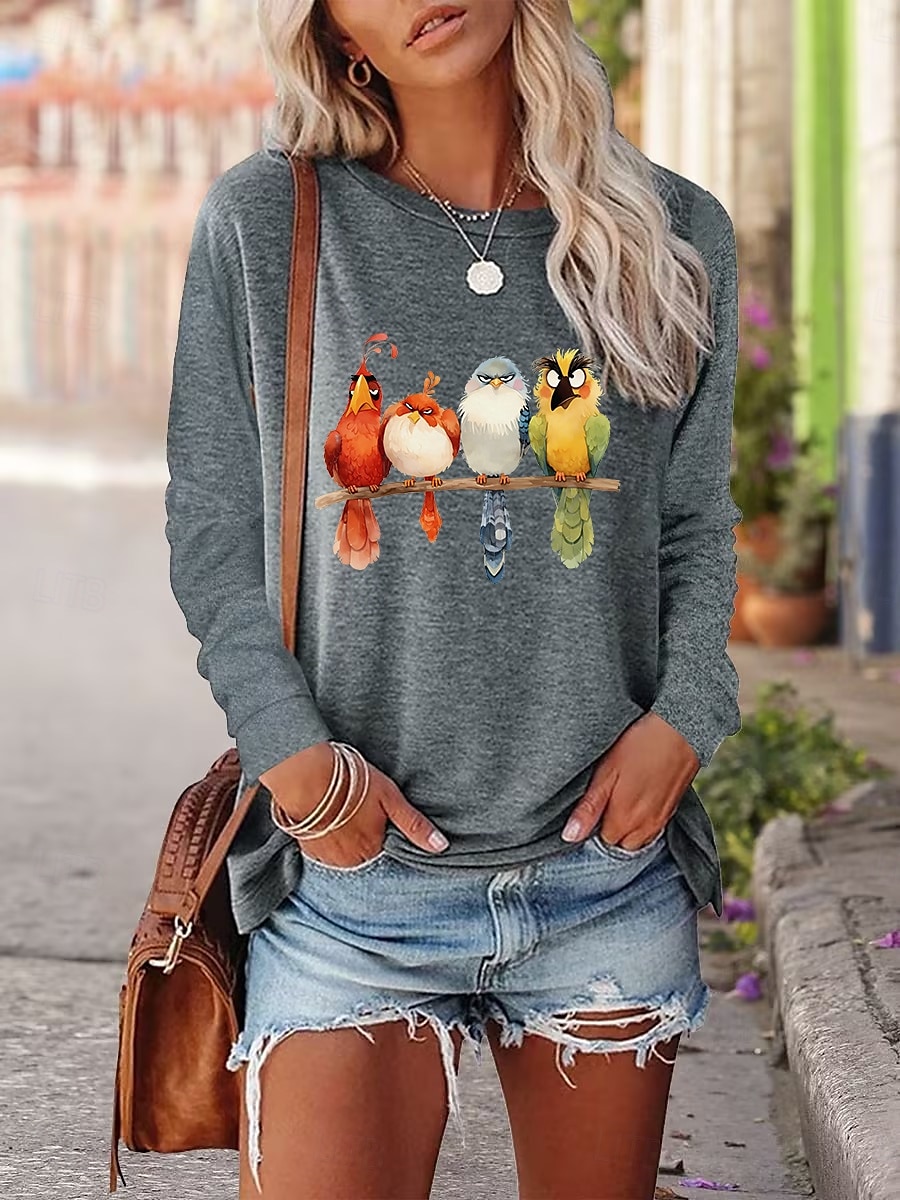 Per donna maglietta Animali Uccello Informale Manica lunga Rotonda Top regolari Giornaliero Fine settimana Stampa Rosa Blu Verde Grigio Autunno Inverno del 2025 a $23.99 –P4