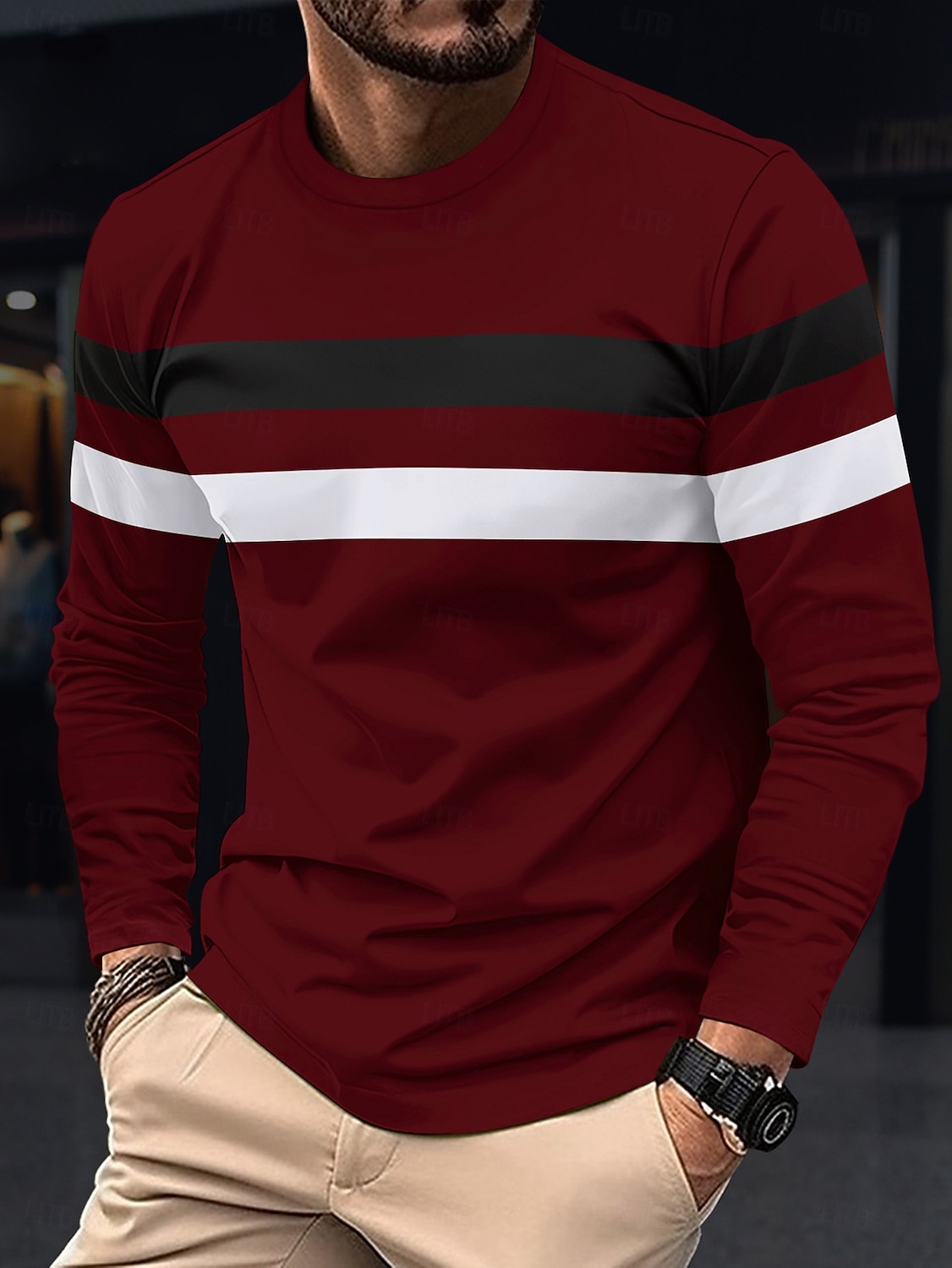 Herren T Shirt T-Shirt Langarmshirt Langarm Rundhalsausschnitt Frühling & Herbst Einfach Mode Designer Basic Farbblock Urlaub Straße Ausgehen Wein Schwarz Weiß Top T-Shirt für Herren 2025 - $15.49 –P8