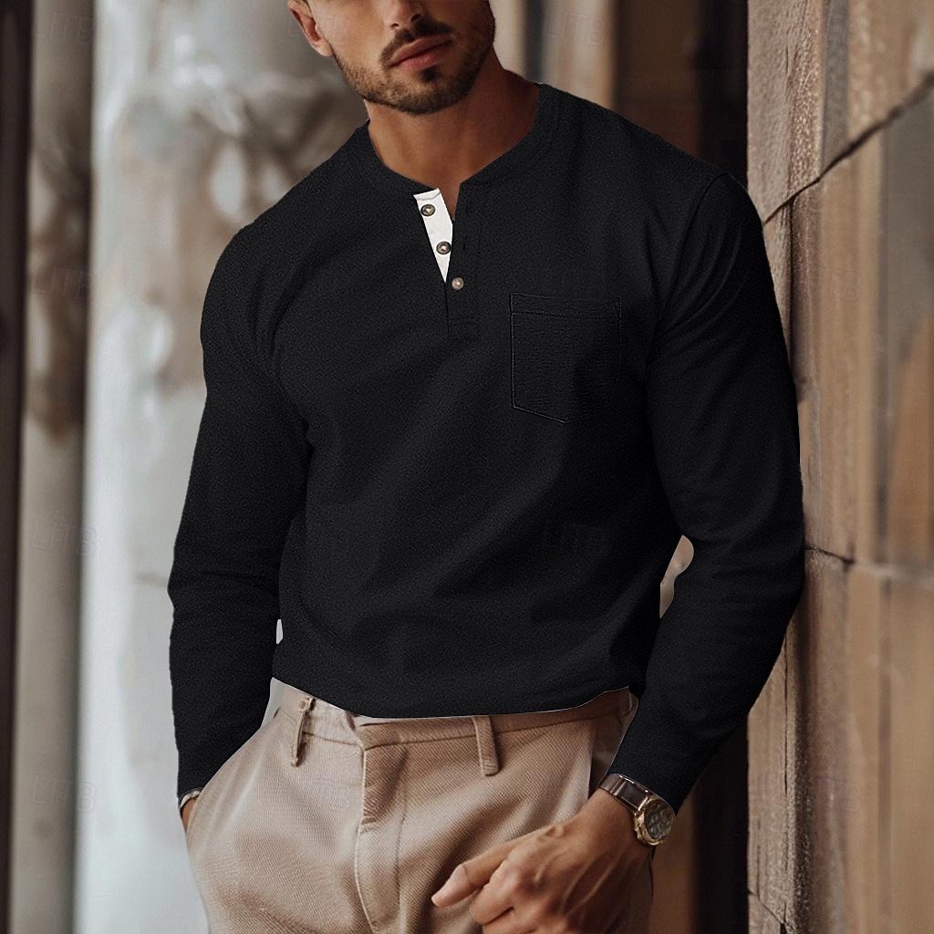 Bărbați Tricou Cămașă Henley Tricouri Tricou cu maneca lunga Simplu Henley Casual Concediu Manșon Lung Buzunar Butonul frontal Îmbrăcăminte Bumbac Modă Designer Comfortabil Esențiale 2025 - $21.99 –P6