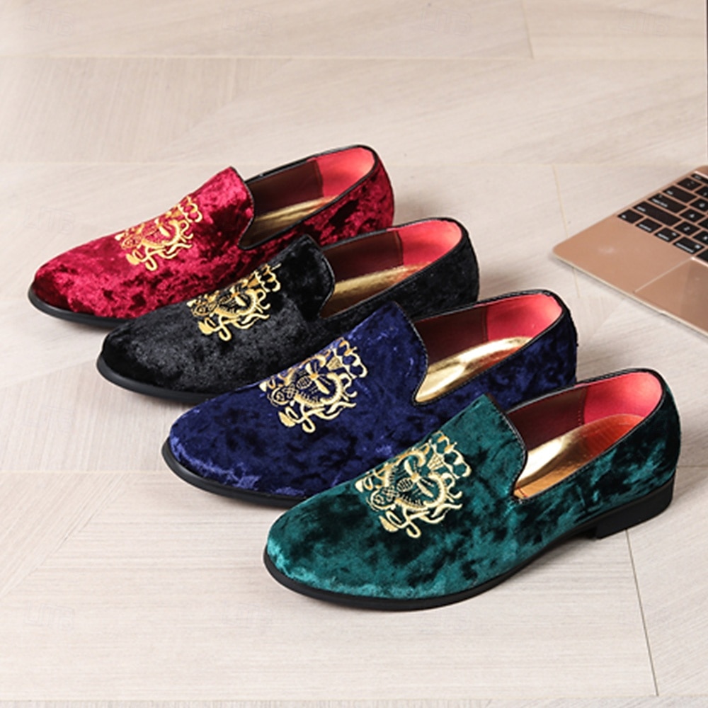 Mocasines de terciopelo azul marino para hombre con bordados dorados: elegantes zapatos sin cordones para eventos formales y fiestas 2025 - $46.99 –P1