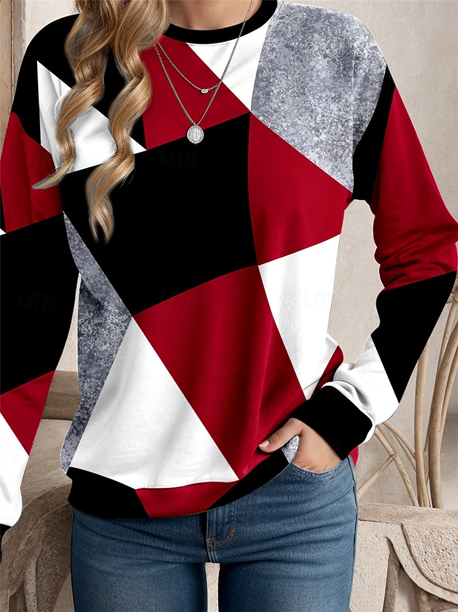 Sudadera de mujer con estampado geométrico para uso diario, informal, cuello redondo, manga larga, microelástica, otoño e invierno, cómoda, transpirable, tejido suave 2025 - $24.99 –P3