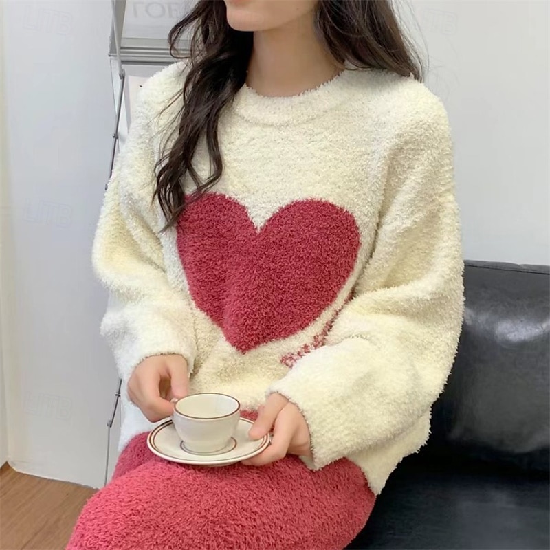 dam pyjamas loungewear 2 delar hjärtvärme komfort hem daglig fleece varm andas rund hals långärmad pullover byxa höst vinter hem outfits 2025 - $42.99 –P1
