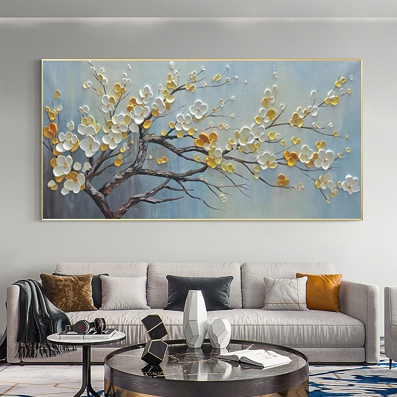 handmåla 3d blomma oljemålning på duk vit körsbärsblomma stor väggkonst palettkniv målning texturerad akrylmålning handgjord konst utan ram 2025 - $116.99 –P2