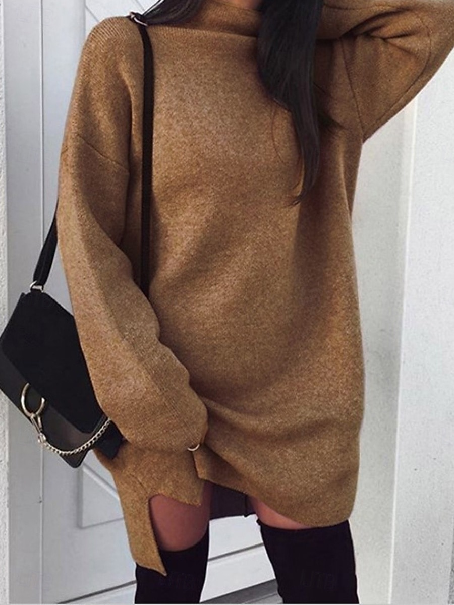 Women's Casual Dress Mini Dress Split Casual Stand Collar Long Sleeve Black Yellow Pink Color 2025 - $27.99 –P1