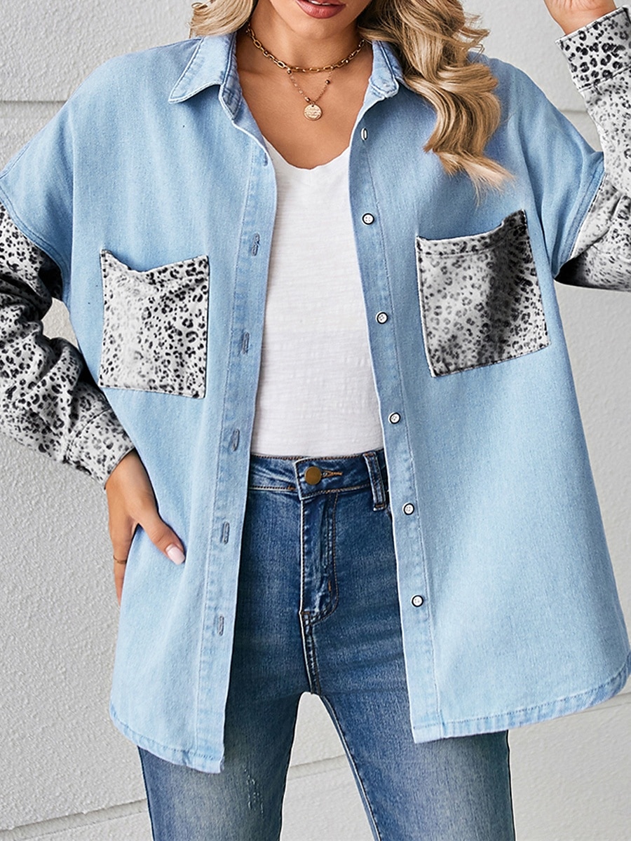 Per donna Giacca di jeans Esterno Strada Da tutti i giorni Autunno Inverno Standard Cappotto Standard Traspirante Moda Informale Giacca Manica lunga Leopardo Con tasche Stampa Nero Bianco Blu del 2025 a $36.99 –P4