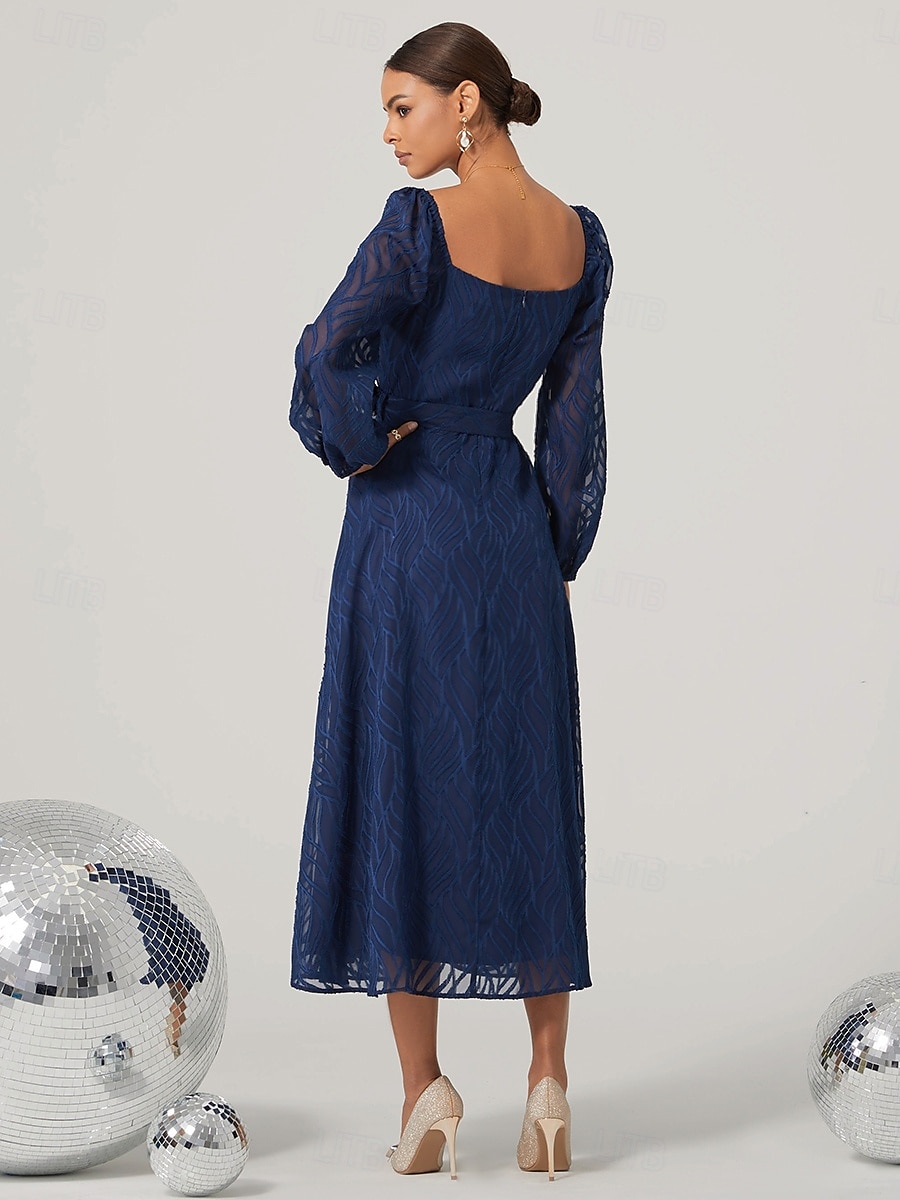 Women's Vintage Dress Midi Dress With Belt Elegant Vintage Square Neck Long Sleeve Blue Color 2025 - $15.79 –P2