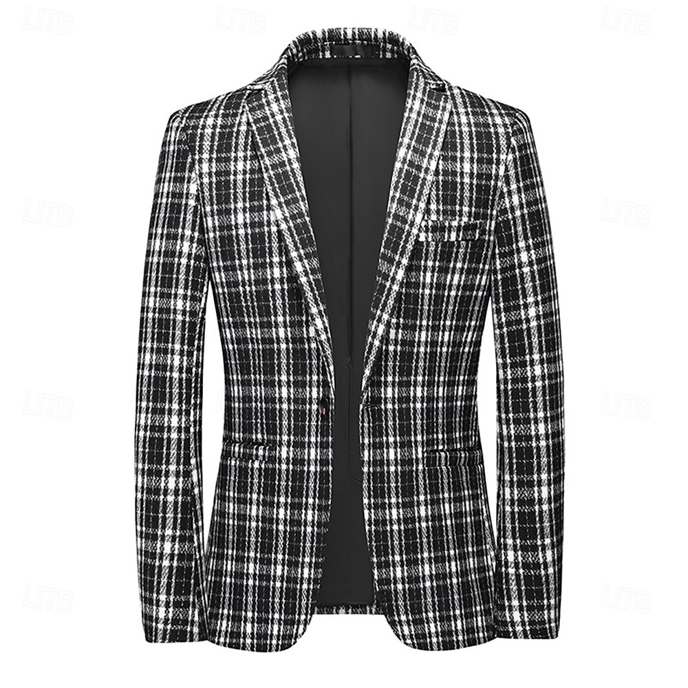 Men's Blazer Business Cocktail Party Wedding Party Fashion Casual Spring & Fall Polyester Plaid Button Pocket Comfortable Single Breasted Blazer Black khaki Gray 2025 - $77.99 –P1