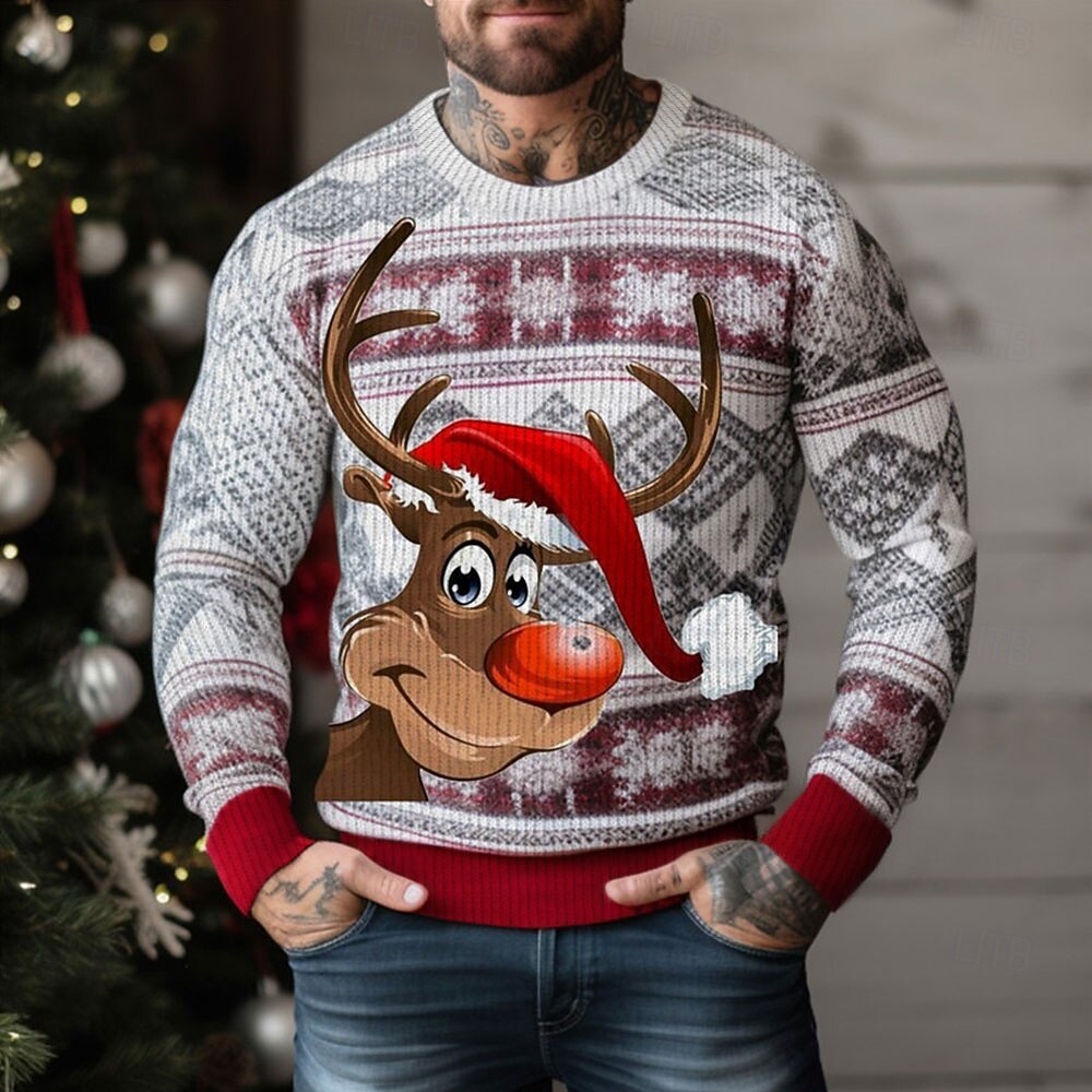 hässlicher Weihnachtspullover für Herren mit Tiermuster, Elch- und Schneeflocken-Print, Strickpullover, Strickmode, Silvesterpullover, Outdoor, Alltag, Urlaub, langärmlig, Rundhalsausschnitt, 2025 - $37.99 –P1