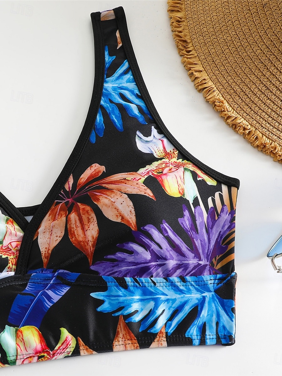 Dam Badkläder Bikini 2 st Pojkeben Baddräkt Öppen rygg Hög midja Smal Semester Standkläder Blommig Löv V-hals Ärmlös Baddräkter 2025 - $25.99 –P9