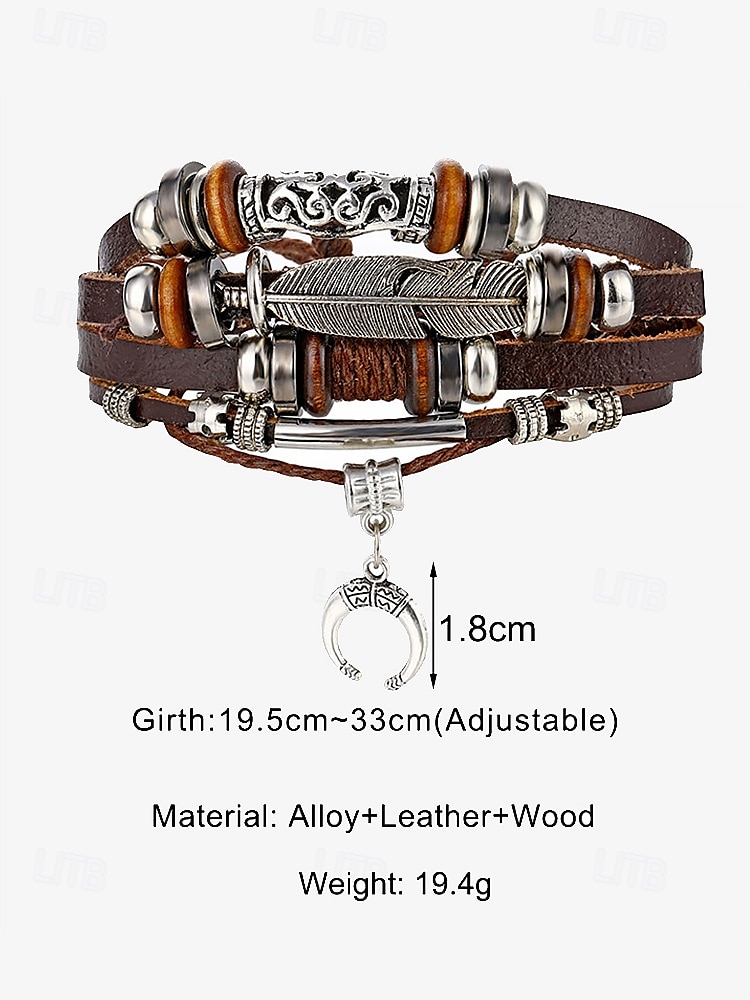 Men's Boho Multi-Layer Leather Bracelet with Feather and Crescent Moon Charm – Vintage-Inspired Adjustable Wrap Bracelet for Casual Style 2025 - $11.99 –P5