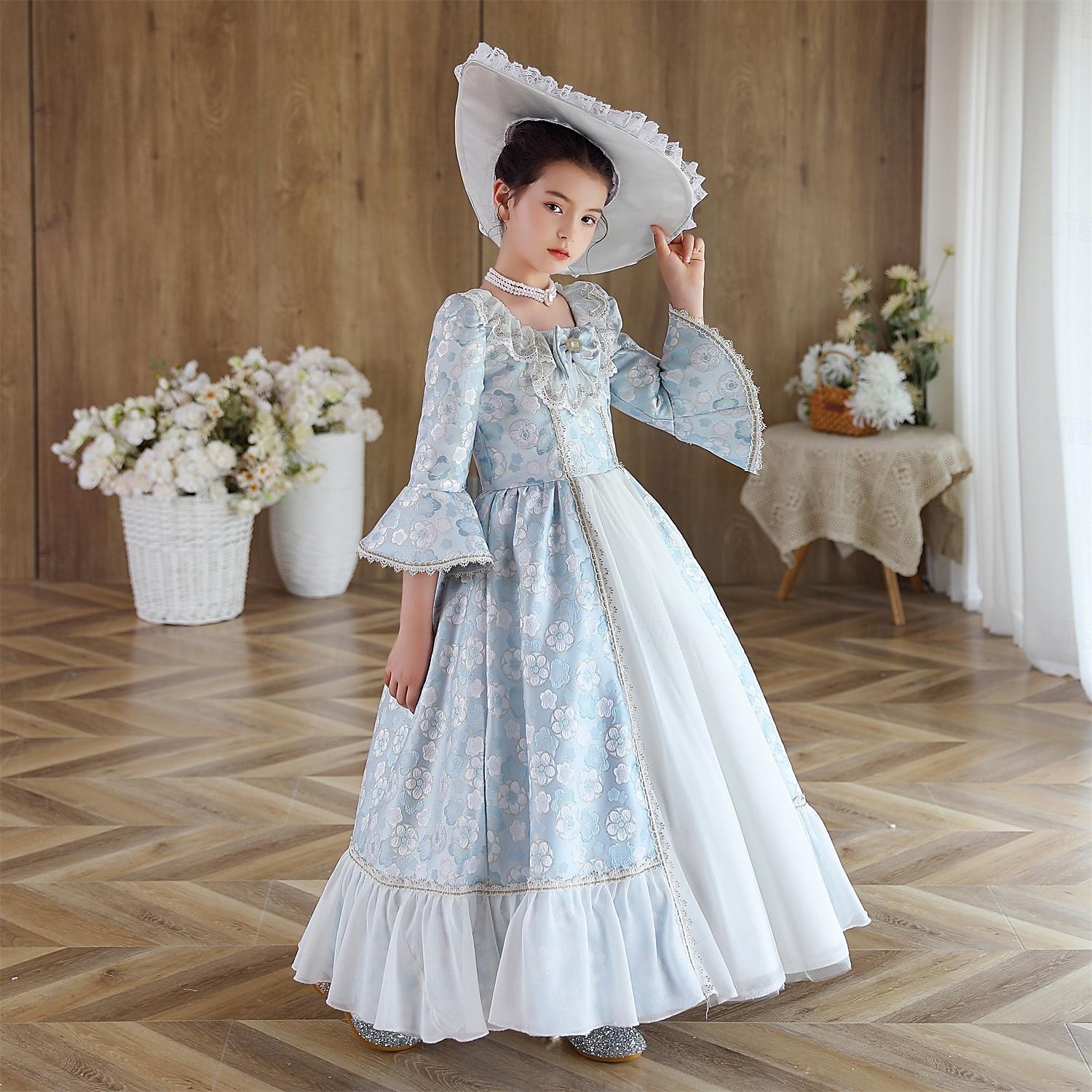 Gothic Rococo Vintage Inspired Medieval Dress Masquerade Flower Girl Dress Prom Dress Princess Shakespeare Girls Solid Color Ball Gown Halloween Wedding Party Wedding Guest Dress 2024 122.99