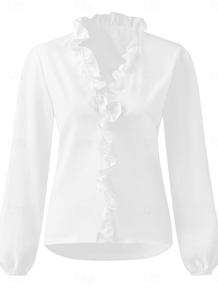 Per donna Camicia Blusa Tinta unica Essenziale Informale Manica lunga A V Top regolari Giornaliero Con balze Bianco Blu Autunno Inverno del 2025 a $27.99 –P2