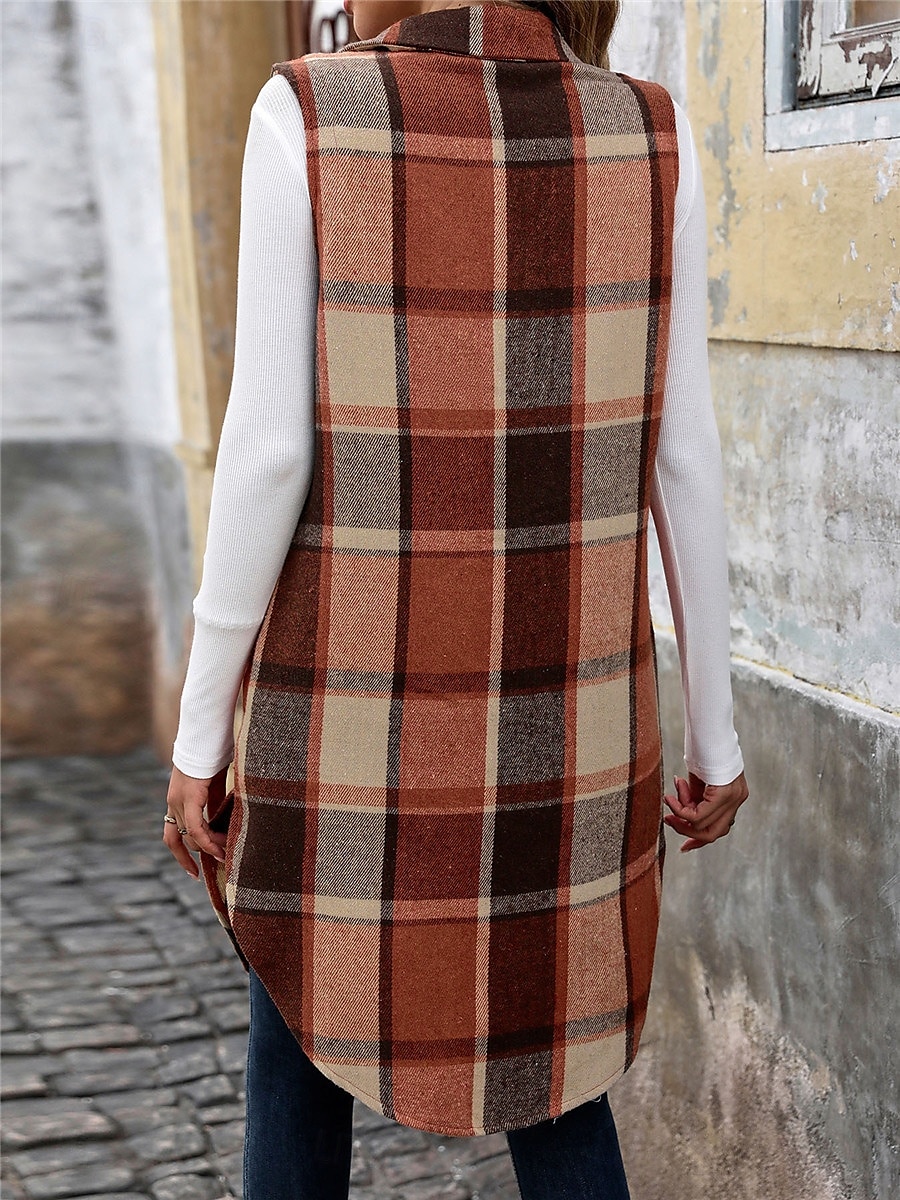 Mulheres Colete Ao ar livre Rua Roupa Diária Outono Inverno Longo Casaco Normal Térmico / Quente Respirável à moda Casual Casaco Sem Manga Listras e xadrez Com bolsos Imprimir Laranja Verde Cáqui de 2025 por GBP £32 –P9