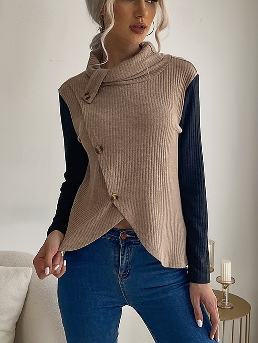 Damen Tunika Feste Farbe Täglich Langarm Rollkragen Arbeit Knopf Khaki Grau Frühling Herbst Winter 2025 - $29.99 –P1