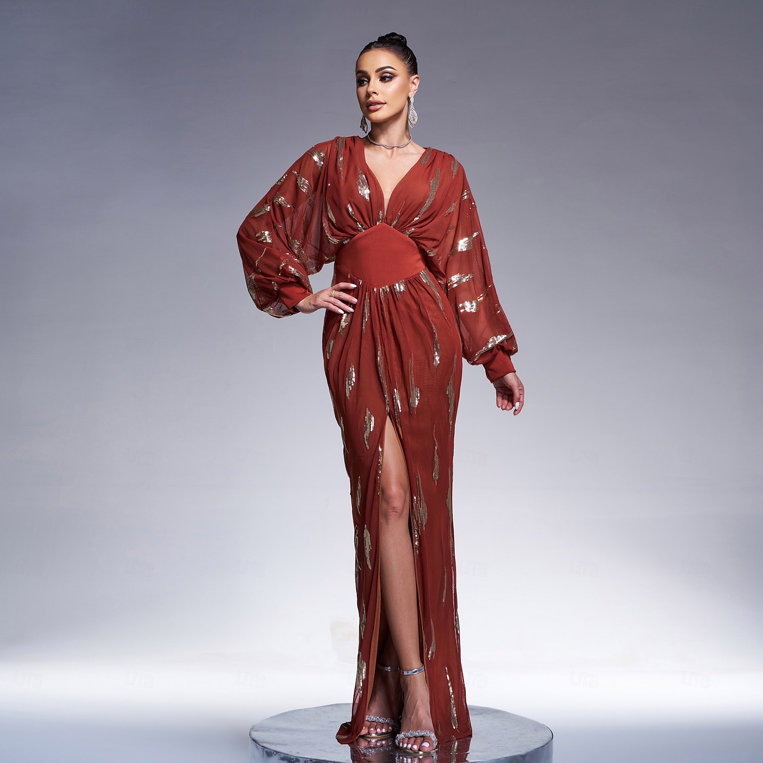 Abito da sera A-Line abito scintillante abito formale lungo fino al pavimento maniche lunghe collo a V con paillettes e glitter abito per ospiti di matrimonio del 2025 a $99.99 –P5