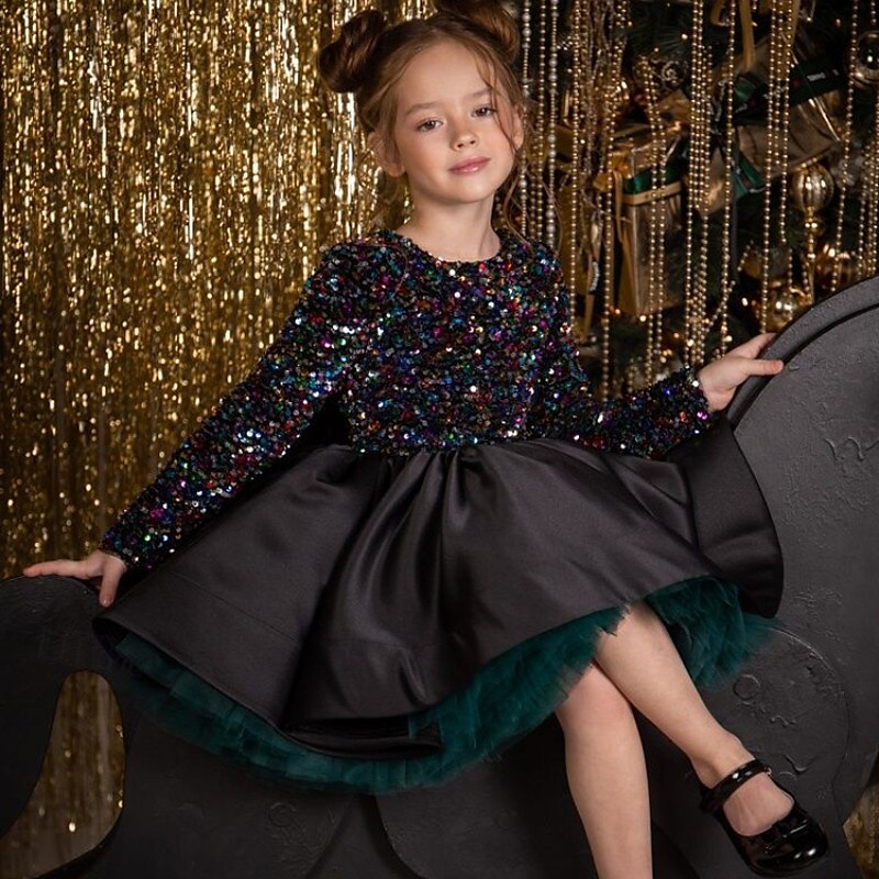 kinderkleidung Mädchen Party Kleid Feste Farbe Langarm Leistung Gitter Prinzessin Süß Gitter Mitte der Wade Etuikleid Tüll-Kleid Sommer Frühling Herbst Kinder Schwarz Wein Marineblau 2025 - $77.99 –P2