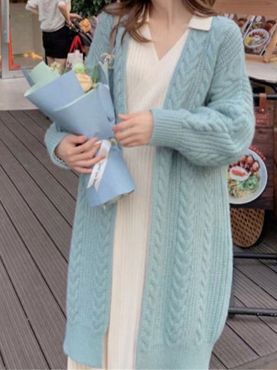 Damskie Sweter Sweter rozpinany Codzienny Miękkie Czyste kolory Kable Otwarty przód Dzianiny Długi rękaw Długie topy Robić na drutach Na zewnątrz Codzienny Weekend Niebieski Morelowy Jesień Zima 2025 - $37.99 –P12