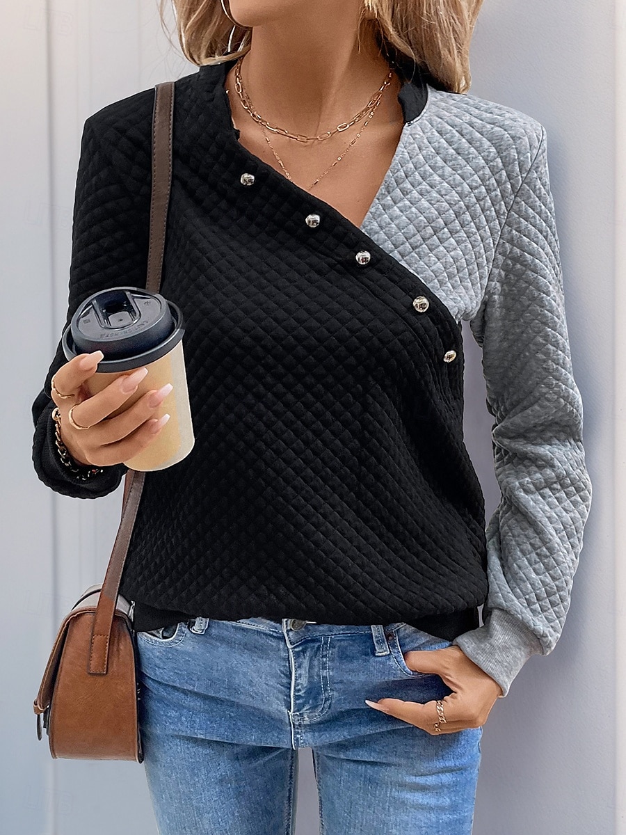 Damen Pullover Uni V-Ausschnitt Knöpfe Langarm Schwarz Frühling Herbst 2025 - $38.99 –P1