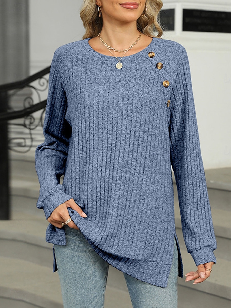 Per donna maglietta Liscio Di tendenza Moderno Informale Manica lunga Girocollo Top regolari Giornaliero Fine settimana Bottoni Rosa Blu Verde Cachi Autunno Inverno del 2025 a $29.99 –P15