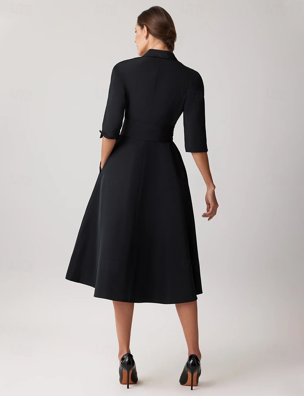 Fekete A-vonalú koktélruha Hímzett Elegáns Ruha Formális Térd hosszúságú Fél ujjú Ing gallér Öv  Takaró Taffeta sliccel 2025 - $143.99 –P2