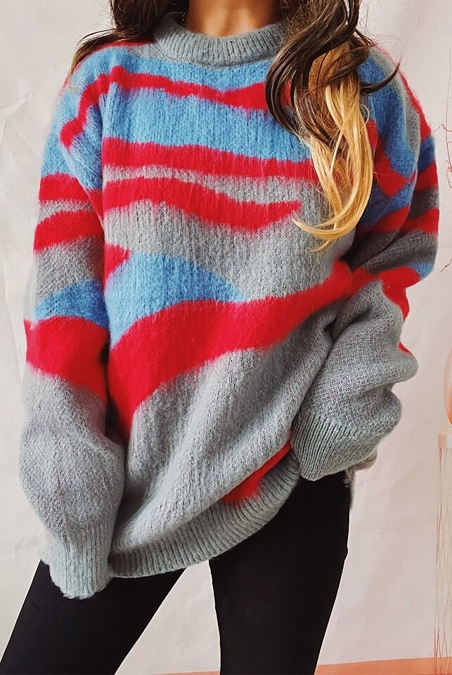 Women's Sweater Pullover Sweater Jumper Casual Soft Graphic Ribbed Crew Neck Knitted Long Sleeve Regular Tops Knit Outdoor Daily Weekend Red Fall Winter 2025 - $56.99 –P1