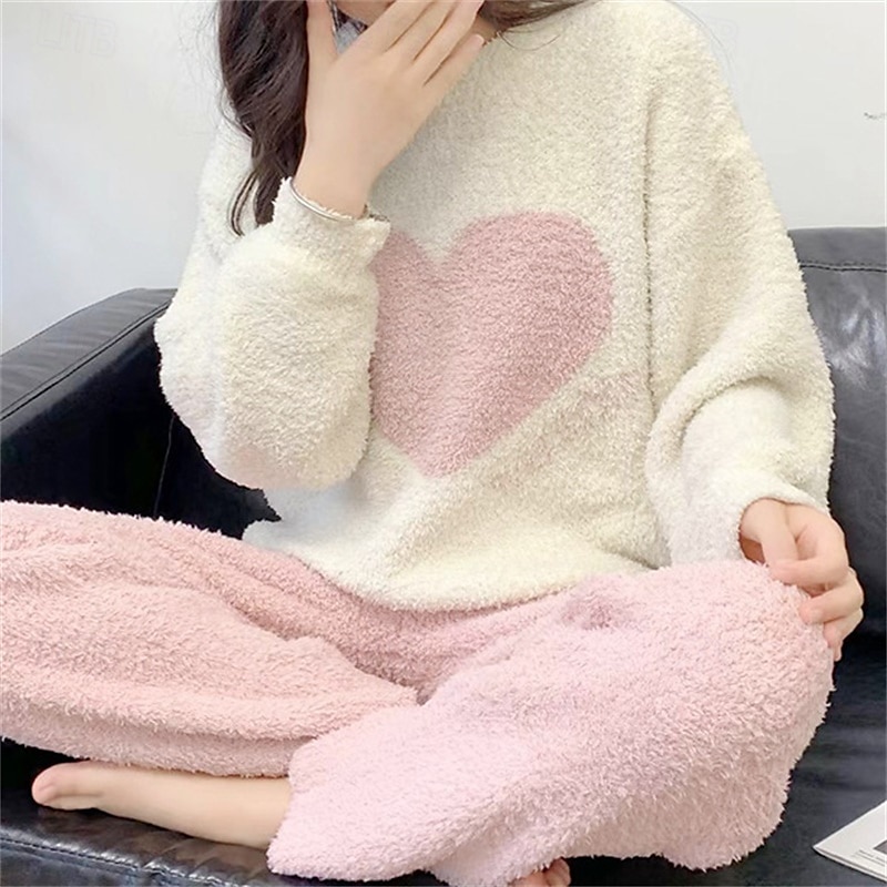 dam pyjamas loungewear 2 delar hjärtvärme komfort hem daglig fleece varm andas rund hals långärmad pullover byxa höst vinter hem outfits 2025 - $42.99 –P5