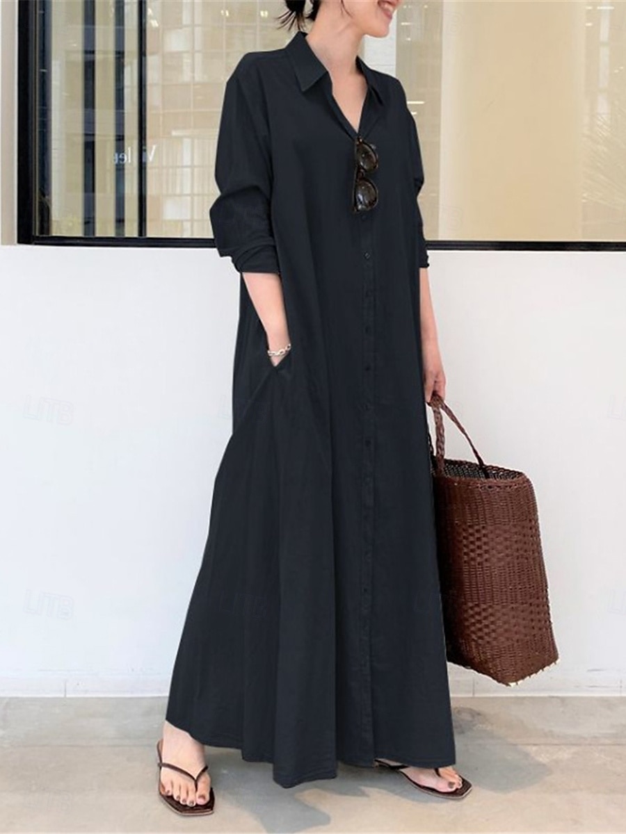 Robe chemise Robe casual Robe unie Femme Robe Maxi Bouton Poche Sport & Loisir Plein Air Décontractées Col de Chemise manche longue Standard Noir Vert Café S M L XL 2XL de 2025 ? $31.99 –P3