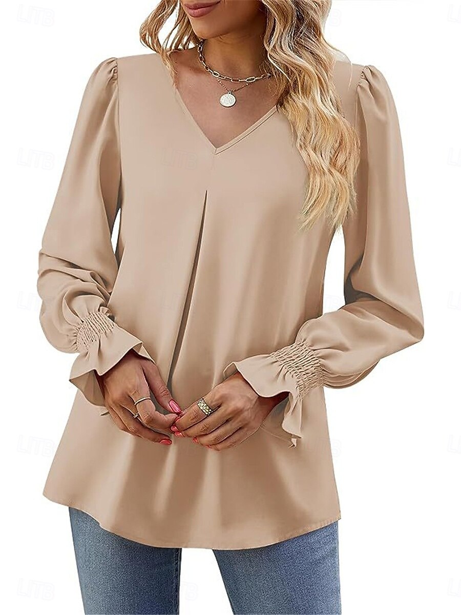 Damen Hemd Glatt Modisch Modern Brautkleider schlicht Langarm V Ausschnitt Normale Oberteile Täglich Wochenende Rüsche Rote Grün Khaki Herbst Winter 2025 - $26.99 –P6
