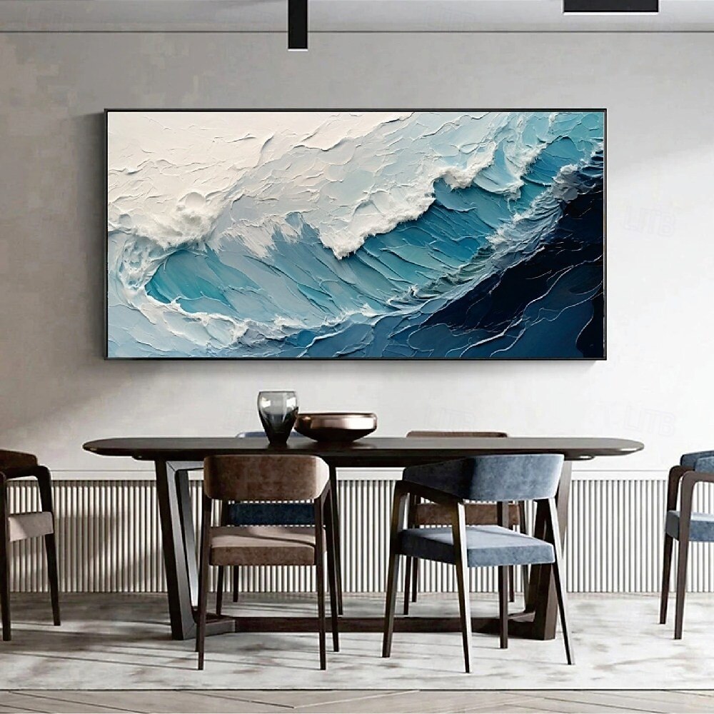 2025年 手作りの空の絵、手描きの青い海の油絵、壁掛けモダン