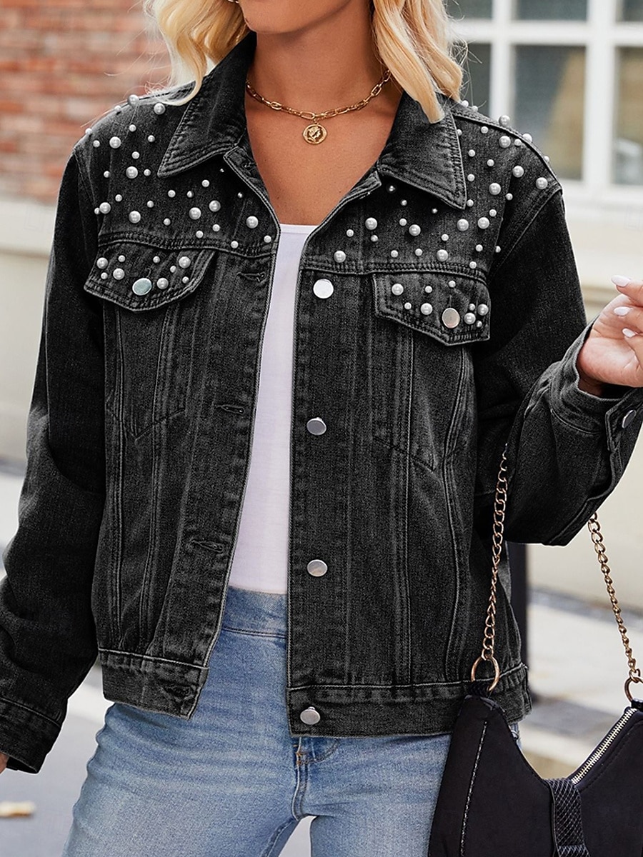 Dam Jeansjacka Utomhus Gata Dagliga kläder Höst Vinter Kort Täcka Normal Håller värmen Andningsfunktion Stylish Ledigt Jacka Långärmad Ensfärgat Med fickor Pärlor Svart Blå 2025 - $62.99 –P3