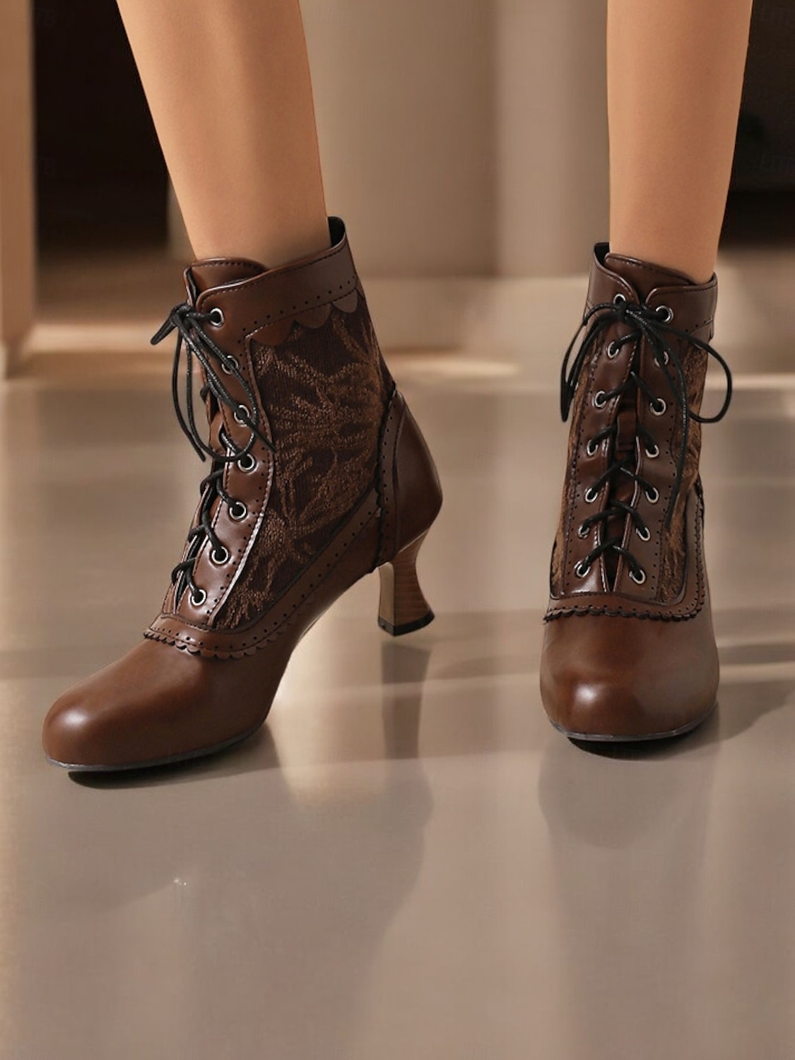 Women's Brown Lace-Up Victorian Ankle Boots with Lace Design and Kitten Heel – Vintage Style for Cosplay or Everyday Wear 2025 - $59.99 –P6