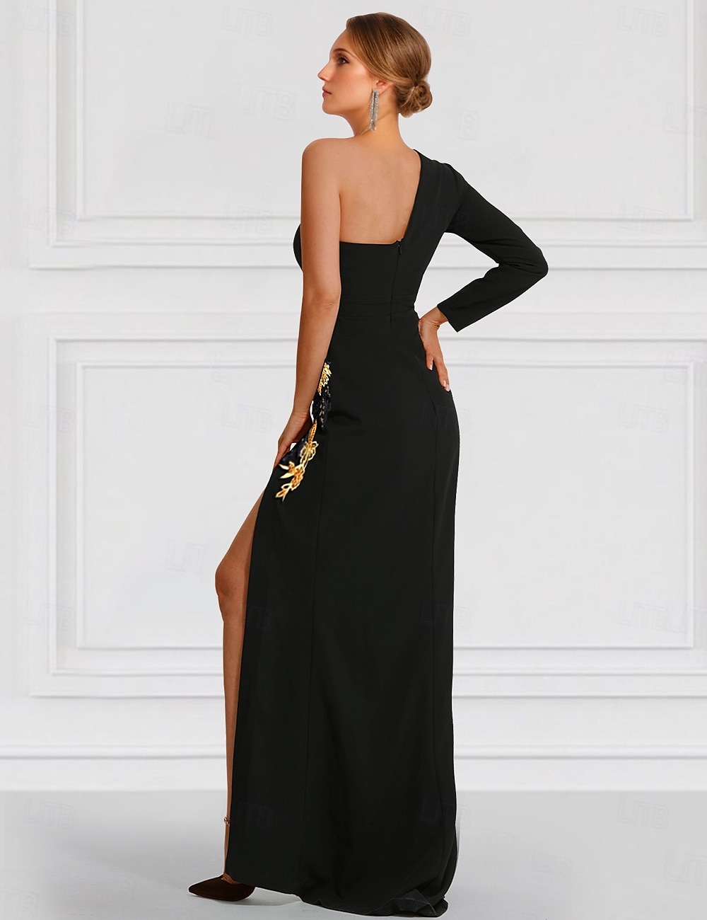 schwarzes A-Linien-Abendkleid, besticktes elegantes Kleid, formelles, bodenlanges, langärmliges One-Shoulder-Stretch-Crêpe mit Schlitzapplikationen 2025 2025 - $161.99 –P2