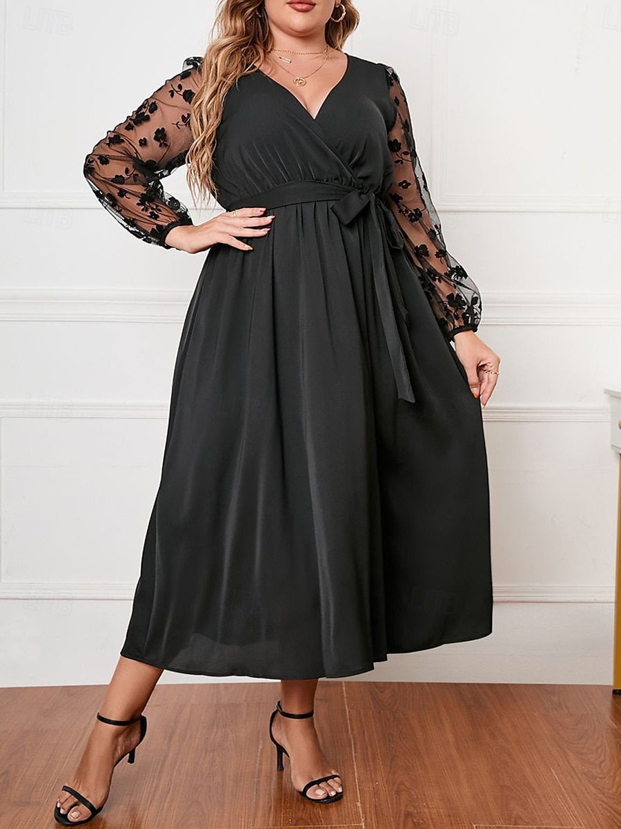 Dam Plusstorlekar Kurva Vardagsklänning Swingklänning A linjeklänning Ensfärgat Långklänning Maxiklänning Långärmad Spets Lappverk V-hals Mode Utomhus Svart Höst XL 2XL 3XL 4XL 2025 - $36.99 –P4