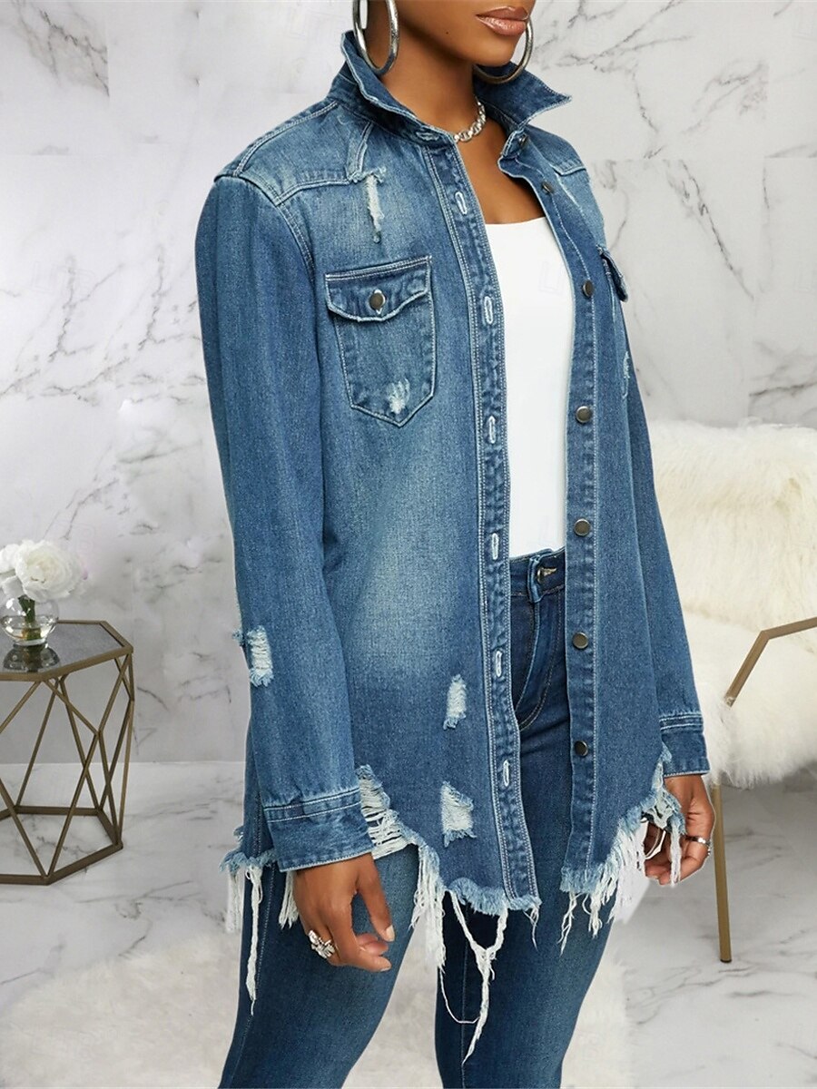 Damen Jeansjacke Outdoor Strasse Freizeitskleidung Herbst Winter Standard Mantel Regular Fit warm Atmungsaktiv Stilvoll Brautkleider schlicht Jacken Langarm Feste Farbe Mit Taschen Hellblau Schwarz 2025 - $62.99 –P3