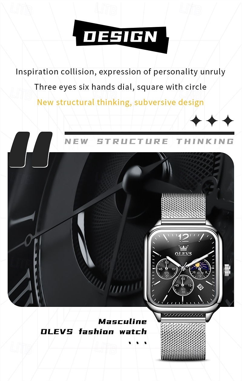 nouvelle marque olevs olevs tendance montres pour hommes cadran carré calendrier lumineux des phases de lune multifonction ceinture en maille à trois yeux montre à quartz à phases de lune de 2025 ? $29.99 –P7