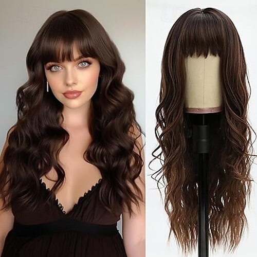 perruque longue ondulée avec frange pour femmes blanches perruques féminines d'aspect naturel avec racines foncées perruque de cheveux en fibre synthétique pour une utilisation quotidienne en soirée de 2025 ? $19.99 –P3