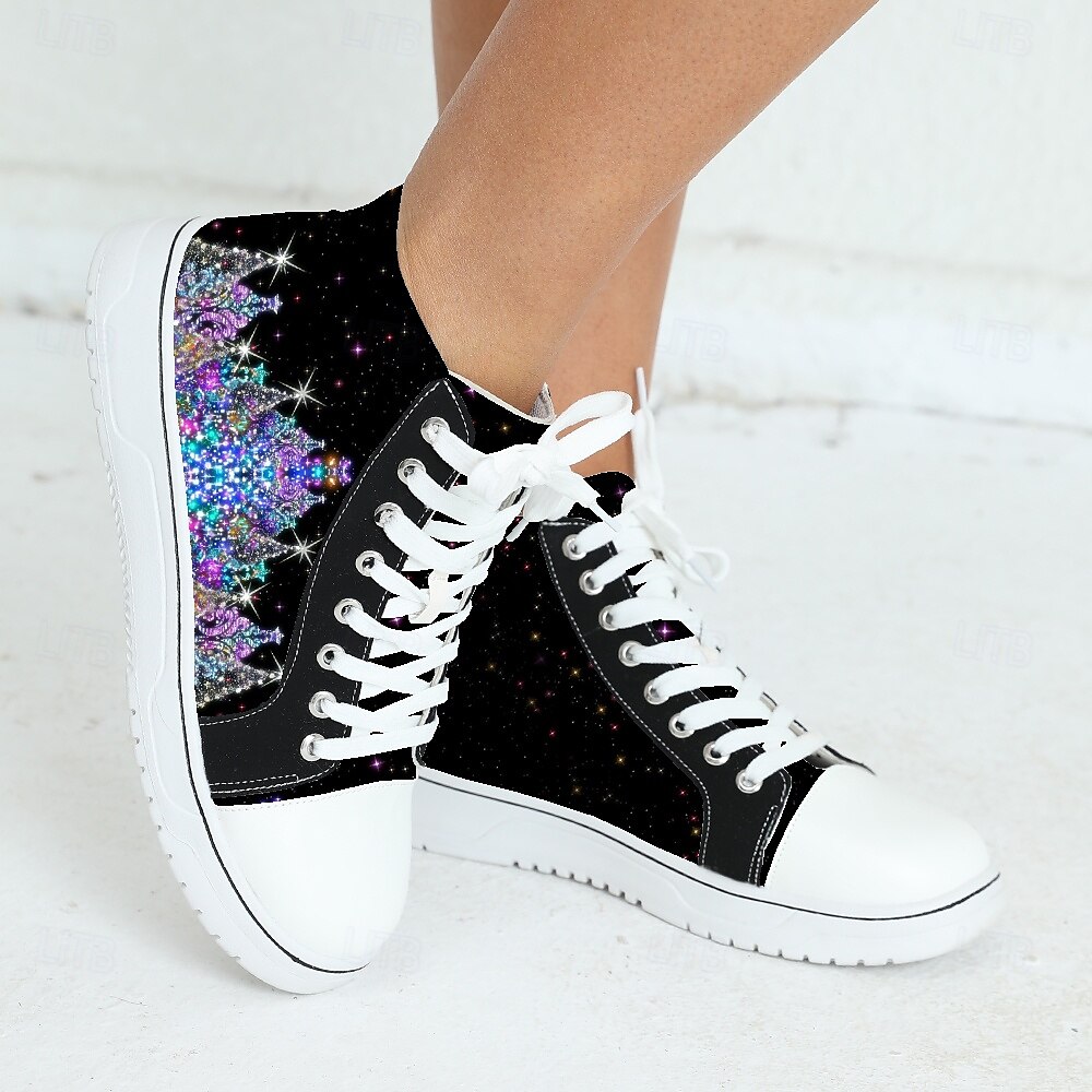 sneakers alte da donna con stampa albero di Natale - scarpe casual leggere e allacciate per le feste, per uno stile da festa del 2025 a $34.99 –P2